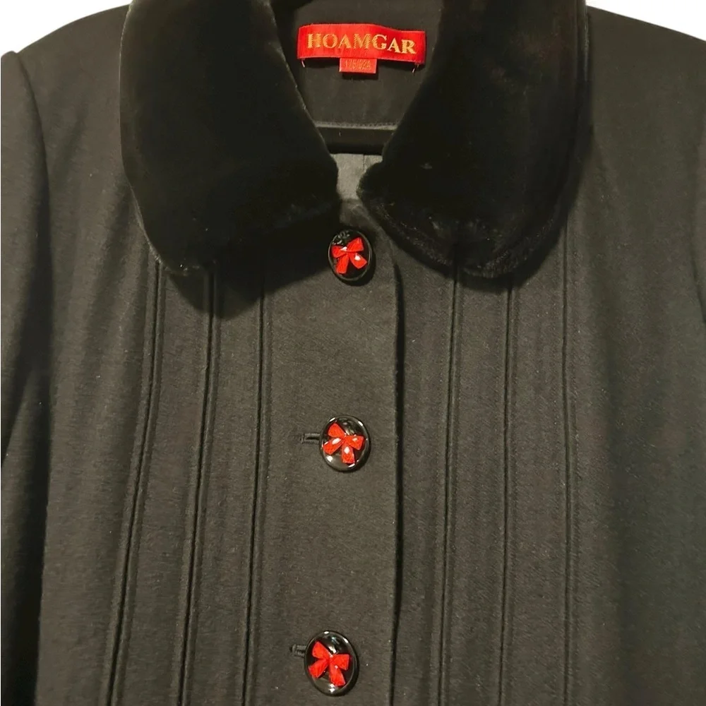 Hoamgar Black Wool Coat with Red Floral Accents – Size M (NWT)